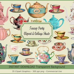 以下が含まれることがあります： 様々な色と模様のティーカップ、ティーポット、ソーサーをフィーチャーした、35枚のデジタルクリップアート画像のセット。画像はヴィンテージな雰囲気で、クラフトプロジェクト、スクラップブッキング、デジタルデザインに最適です。