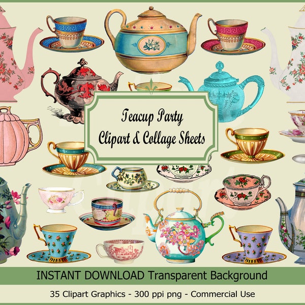 Teacup Party Clipart & Collage sheets Digital Download Illustrations for Wall Art, Decoupage, Invitations, Crafts, commercial use...