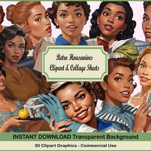 Pacchetto di fogli di clipart e collage retrò casalinghe - donne vintage della metà del secolo anni '50 di colore afroamericano / download istantaneo di clipart