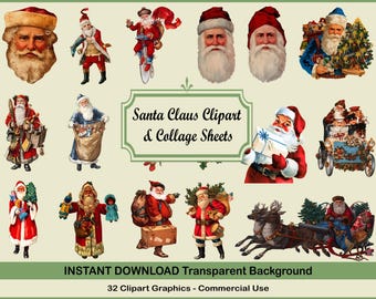 Vintage Christmas Santa Claus Clipart Bundle Clip Art 4 Digital Collage Sheets Christmas Scrapbooking for Card Making Decoupage Paper PNG