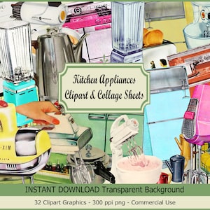 Clipart retro keukenapparaat, collagevellen, png's voor junkjournals, scrapbooking, papercrafting. Digitale ephemera, atoomtijdperk jaren 1950