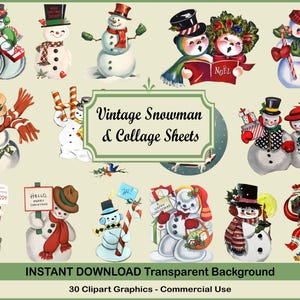 Paquete de imágenes prediseñadas y hojas de collage de muñecos de nieve retro, cortes elegantes, Navidad antigua, descargas de mediados de siglo, festividades vintage, PNG y JPG de los años 50