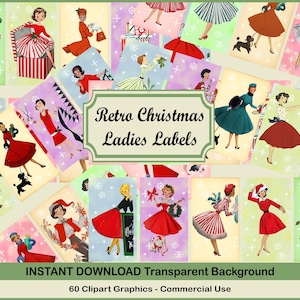 RETRO Vintage KERST dameslabels 2 x 3,5, digitale download, kerstvrouwenlabelvel - voor scrapbooking, kaarten maken decoupagepapier