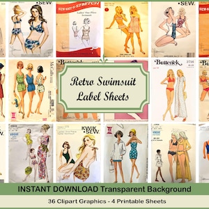 May include: A collection of 36 digital clipart graphics featuring vintage sewing pattern covers for swimsuits and beachwear. The images display various illustrations of swimwear styles, including bikinis and one-piece suits, with text labels.
