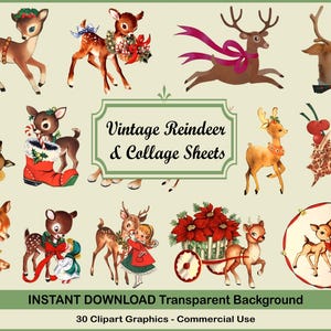 TÉLÉCHARGEMENT IMMÉDIAT Renne de Noël vintage clipart & feuilles de collage pour étiquettes, embellissements, invitations, découpage, autocollants imprimables