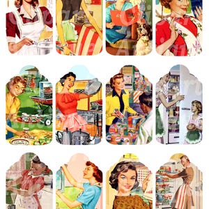 May include: A sheet of vintage-style tags featuring retro illustrations of women in various domestic settings. The images depict women cooking, reading, and shopping, with a color palette of reds, blues, and yellows. The text "Retro Housewives, Moms & Kids Tag Sheet 1" is visible.