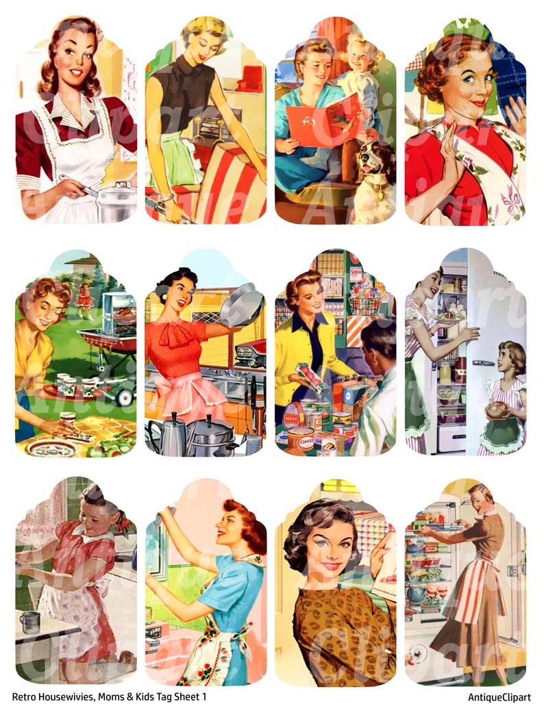 May include: A sheet of vintage-style tags featuring retro illustrations of women in various domestic settings. The images depict women cooking, reading, and shopping, with a color palette of reds, blues, and yellows. The text "Retro Housewives, Moms & Kids Tag Sheet 1" is visible.