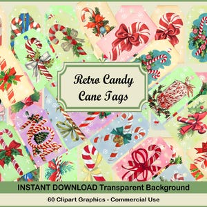 Retro Antique CHRISTMAS Candy Cane 2x3.5 Tags, Digital Download, Christmas Candy Tag Sheet - for Scrapbooking, Card Making Decoupage Paper