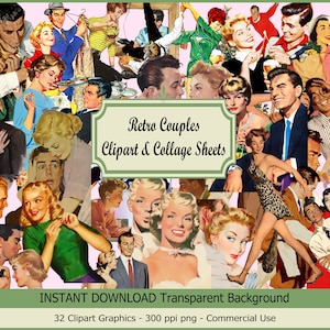 Retro Paare Clipart & Collage Sheets Digitaler Download Illustrationen für Wandkunst, Decoupage, Einladungen, Basteln, Scrapbooking…