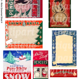 Peut inclure: Ensemble d'illustrations vintage sur le th&egrave;me de No&euml;l. Comprend des images d'un pingouin, d'un bonhomme de neige, de d&eacute;corations de sapin de No&euml;l et du P&egrave;re No&euml;l. La palette de couleurs comprend le rouge, le vert, le bleu et le blanc, pour une ambiance r&eacute;tro.