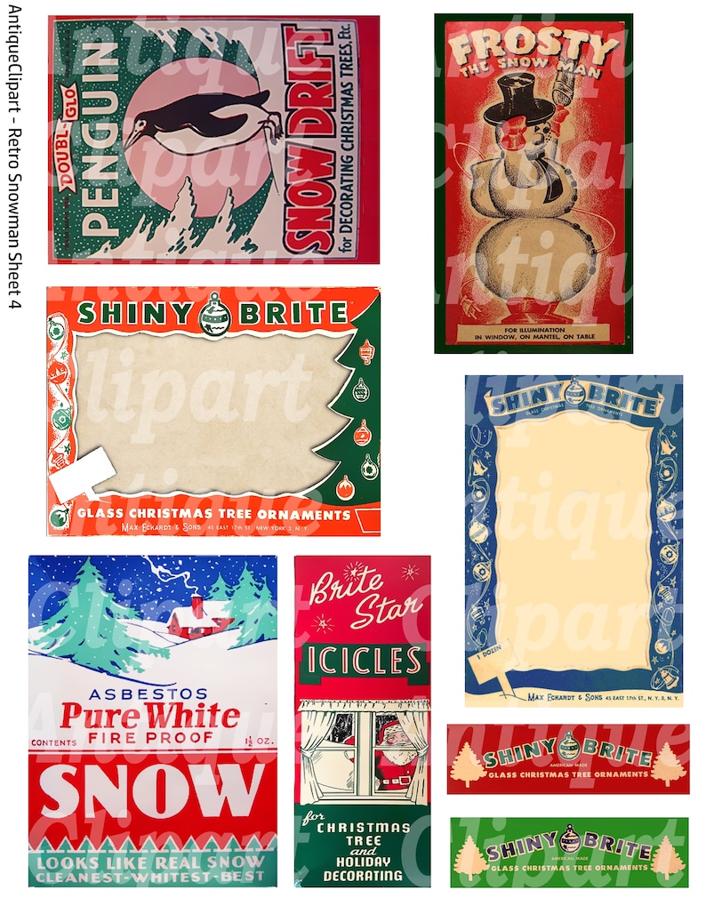 Peut inclure: Ensemble d'illustrations vintage sur le th&egrave;me de No&euml;l. Comprend des images d'un pingouin, d'un bonhomme de neige, de d&eacute;corations de sapin de No&euml;l et du P&egrave;re No&euml;l. La palette de couleurs comprend le rouge, le vert, le bleu et le blanc, pour une ambiance r&eacute;tro.