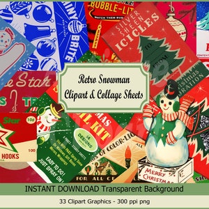 Paquete Digital Vintage Christmas Snowman, 5 hojas imprimibles, efímera para etiquetas de regalo, álbum de recortes, manualidades, varios tamaños, tapas de cajas de adornos….