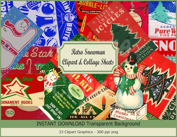 Vintage Christmas Shiny Brite Snowman Clipart, Ephemera Collage Sheets (Digital Download)