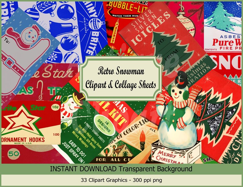Peut inclure: Un collage d'images de No&euml;l vintage, avec un bonhomme de neige, des ornements et des &eacute;tiquettes cadeaux. La palette de couleurs comprend le rouge, le vert, le bleu et le blanc. Le texte comprend "Retro Snowman Clipart & Collage Sheets".