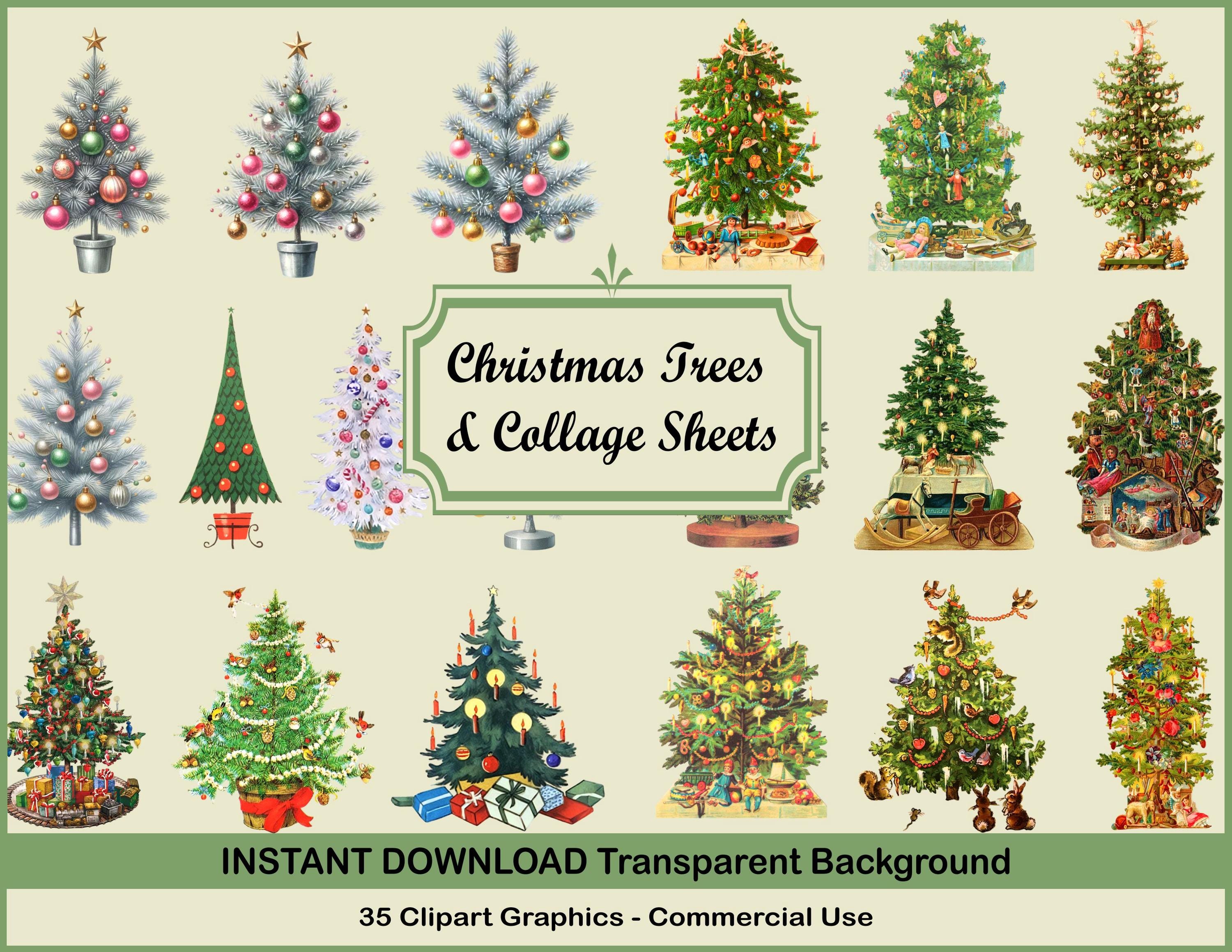 Antique Christmas Tree Clipart Clip Art 4 Digital Collage Sheets Christmas Tree Scrapbooking for Card Making Decoupage Paper PNG & JPG