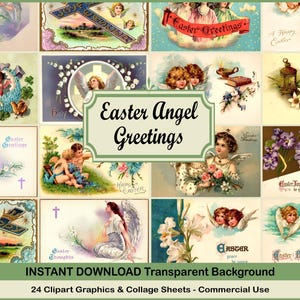 Old Angel Greetings Clipart Antique easter PNG Cross ephemera Easter images Easter Holiday digital collage sheets PNG Bunnies Chicks Eggs