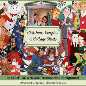Retro kerst paren 50's jaren vijftig clipart clip art digitale collage blad kerst scrapbooking voor kaarten maken decoupage papier, png
