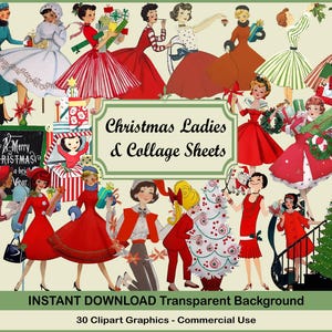 Vintage Natale Ladies 50's Cinquanta Clipart Clip Art Digital Collage Foglio Natale Scrapbooking per la creazione di carte Decoupage Carta PNG