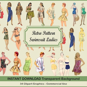 1950s Sewing Pattern Swimsuit & Swimwear Clip Art: Sheets Bundle Vintage Ladies Swimsuits (Digital Download)