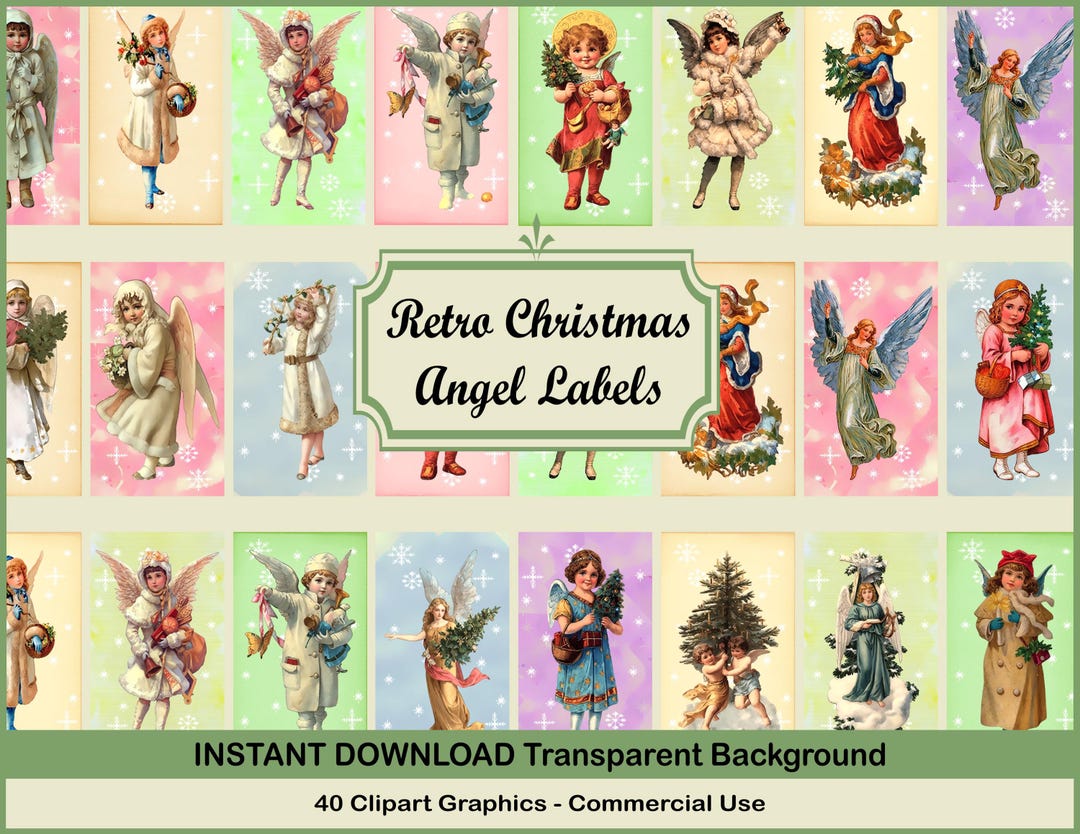 Vintage Christmas Angel Labels: Retro Scrapbook & Card Making (digital ...