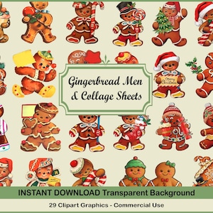 Paquete de 29 imágenes prediseñadas de pan de jengibre navideño vintage, imágenes prediseñadas navideñas vintage, imágenes prediseñadas navideñas retro, descarga digital, álbum de recortes, 5 hojas universitarias