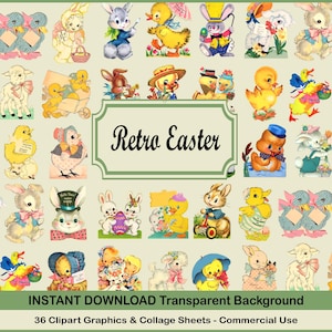 May include: A set of 36 vintage Easter clip art images featuring bunnies, chicks, eggs, and other Easter symbols. The images are in a retro style and have a transparent background.