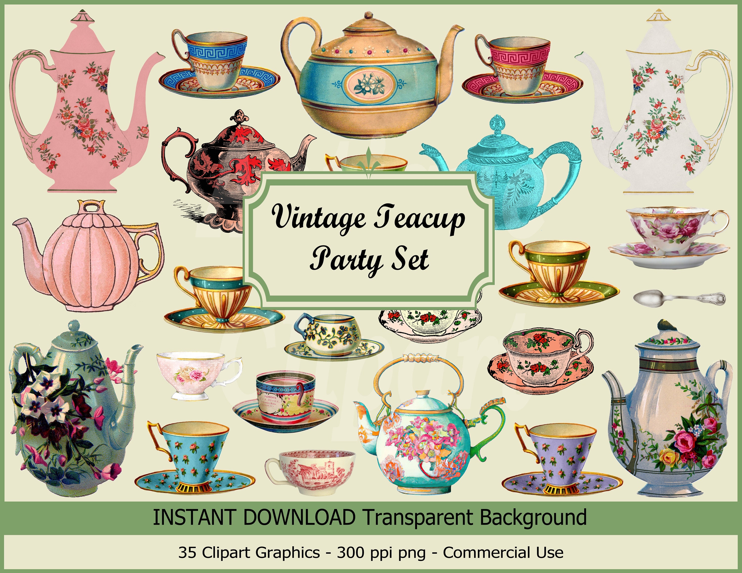 Teacup Party Clipart vintage Teacups and Teapots Etsy