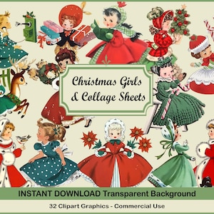 Meninas de Natal Vintage 50's Fifties Clipart Clip Art Colagem Digital Folha Scrapbooking de Natal para Fazer Cartões Papel Decoupage PNG