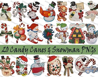 Vintage Christmas Clipart Bundle, Candy Cane, Snowman PNG (Digital Download)
