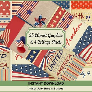 vintage 4 juillet éphémères clipart, PNG, journal indésirable Scrapbooking Decor Clipart étiquettes, drapeau rustique Téléchargement instantané feuilles de collage