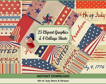 Vintage 4th of July ephemera clipart, PNG, junk journal Scrapbooking Decor Clipart label tags, Rustic Flag Instant download Collage Sheets