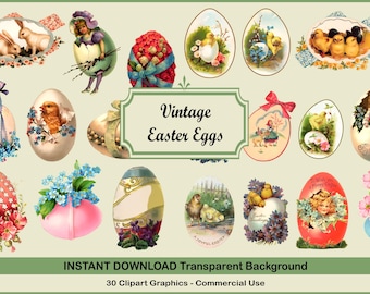 May include: A collection of 30 vintage Easter egg clip art graphics with transparent backgrounds. The graphics feature a variety of designs, including floral patterns, birds, and children. The graphics are perfect for adding a touch of vintage charm to your Easter projects.