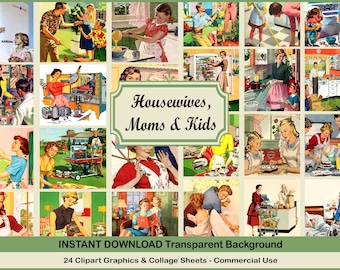 Retro Housewife Moms & Kids Clipart Collage Sheets - 1950s - 2.5 x 2.5 Squares - Instant Digital Download - Printable Crafts Scrapbooking