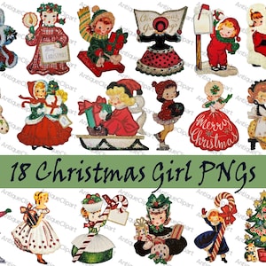 Fogli di collage di clipart di ragazza glitterata di Natale retrò Foglio di collage digitale vintage Scrapbooking di Natale per la creazione di biglietti Carta per decoupage PNG