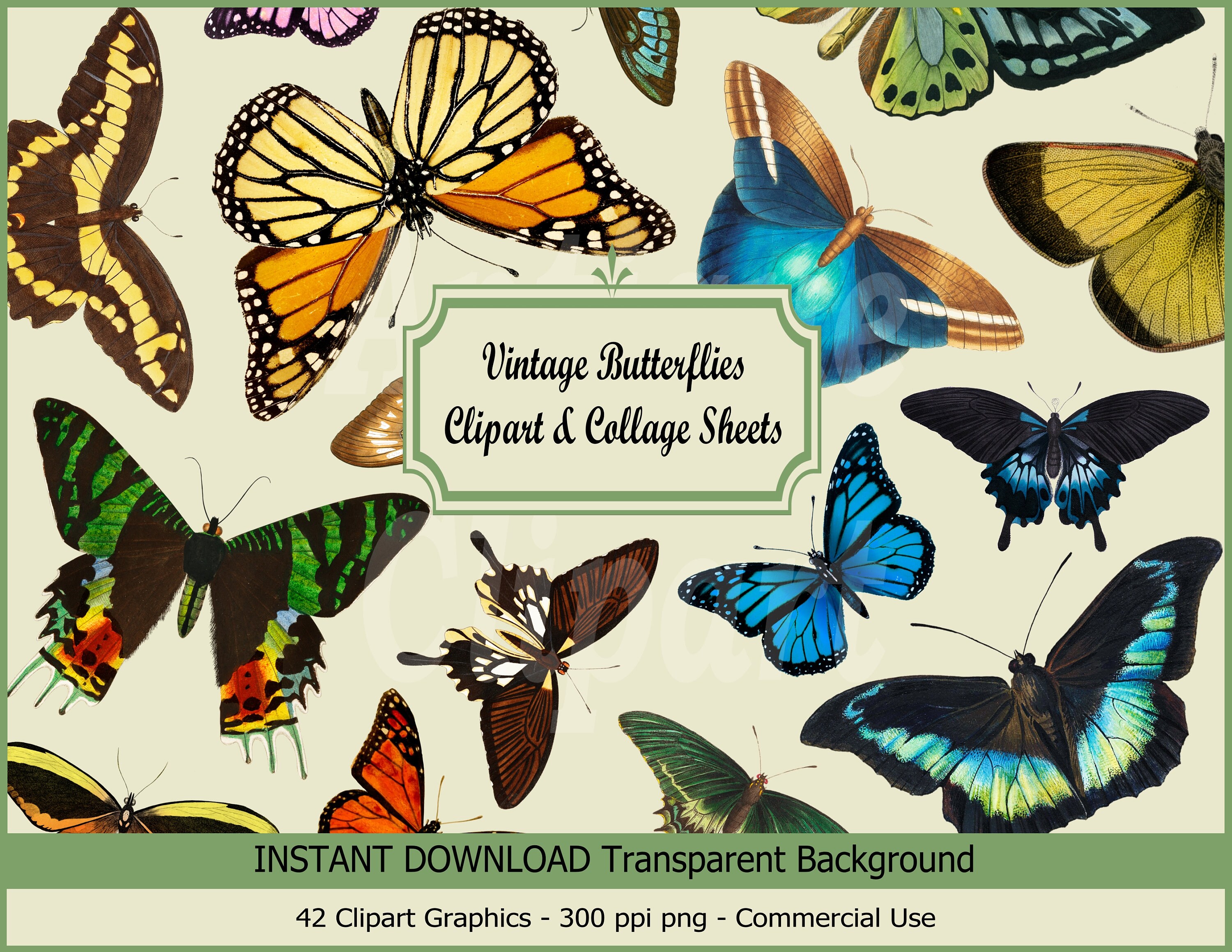 Vintage Butterflies clipart & Collage sheets, Vintage insect clipart, Instant download for digital scrapbooking, Junk Journal, Crafts....