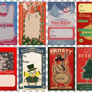 Peut inclure: Ensemble de huit &eacute;tiquettes cadeaux de No&euml;l vintage. Les &eacute;tiquettes pr&eacute;sentent des motifs de bonhommes de neige, de sapins de No&euml;l et de sc&egrave;nes d'hiver, avec des textes tels que "Shiny Brite" et "Frosty the Snowman". Chaque &eacute;tiquette comprend des espaces pour "&Agrave;" et "De".