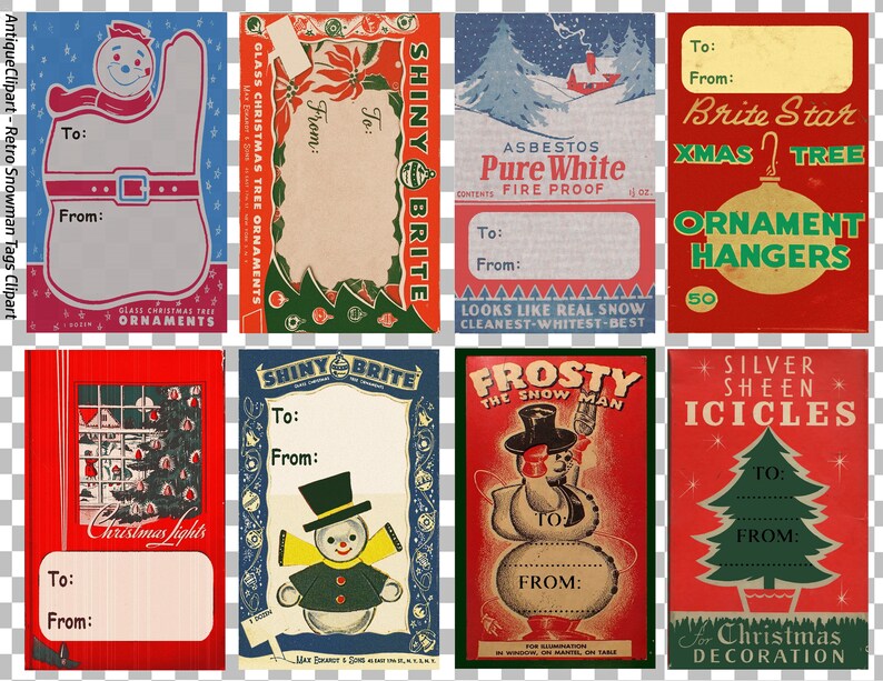 Peut inclure: Ensemble de huit &eacute;tiquettes cadeaux de No&euml;l vintage. Les &eacute;tiquettes pr&eacute;sentent des motifs de bonhommes de neige, de sapins de No&euml;l et de sc&egrave;nes d'hiver, avec des textes tels que "Shiny Brite" et "Frosty the Snowman". Chaque &eacute;tiquette comprend des espaces pour "&Agrave;" et "De".