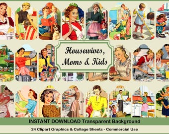 Vintage Housewife Clipart: Retro Moms & Kids PNG Images (Digital Download)