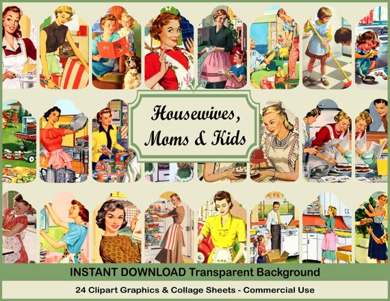 Vintage Housewife Clipart: Retro Moms & Kids PNG Images (Digital Download)