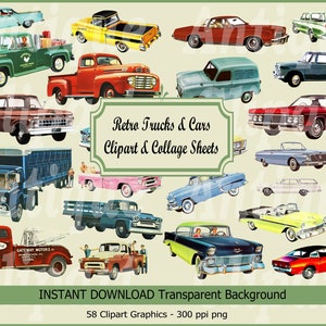 Coches y camiones retro clip art Vintage Antique Digital descargar Collage Sheets, Clipart Scrapbooking Card Making Decoupage Ephemera JPG PNG