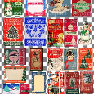 Peut inclure: Un collage de publicit&eacute;s et d'illustrations vintage sur le th&egrave;me de No&euml;l. Les images pr&eacute;sentent des bonhommes de neige, des arbres de No&euml;l, des ornements et du texte tel que "Shiny Brite", "Christmas Stencil Kit" et "Merry Christmas". La palette de couleurs comprend le rouge, le vert, le bleu et le blanc.
