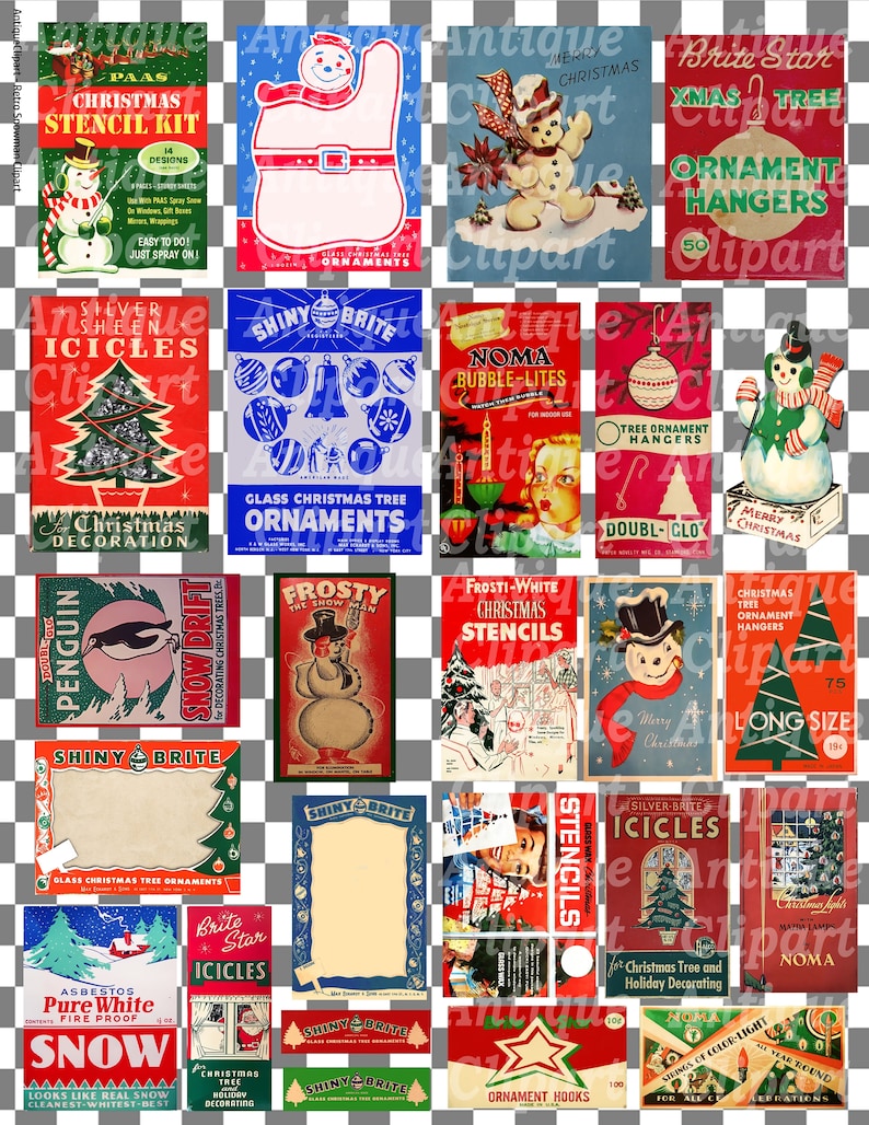 Peut inclure: Un collage de publicit&eacute;s et d'illustrations vintage sur le th&egrave;me de No&euml;l. Les images pr&eacute;sentent des bonhommes de neige, des arbres de No&euml;l, des ornements et du texte tel que "Shiny Brite", "Christmas Stencil Kit" et "Merry Christmas". La palette de couleurs comprend le rouge, le vert, le bleu et le blanc.