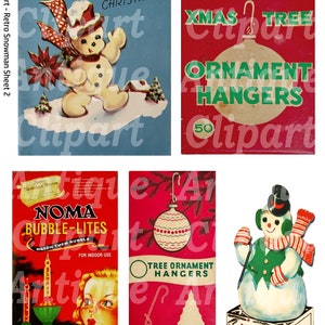 Peut inclure: Ensemble de cliparts vintage sur le th&egrave;me de No&euml;l. Comprend un bonhomme de neige avec un chapeau haut de forme, une d&eacute;coration de sapin de No&euml;l et des &eacute;tiquettes pour les cintres &agrave; ornements et les lumi&egrave;res &agrave; bulles. Les couleurs sont rouge, vert et bleu.