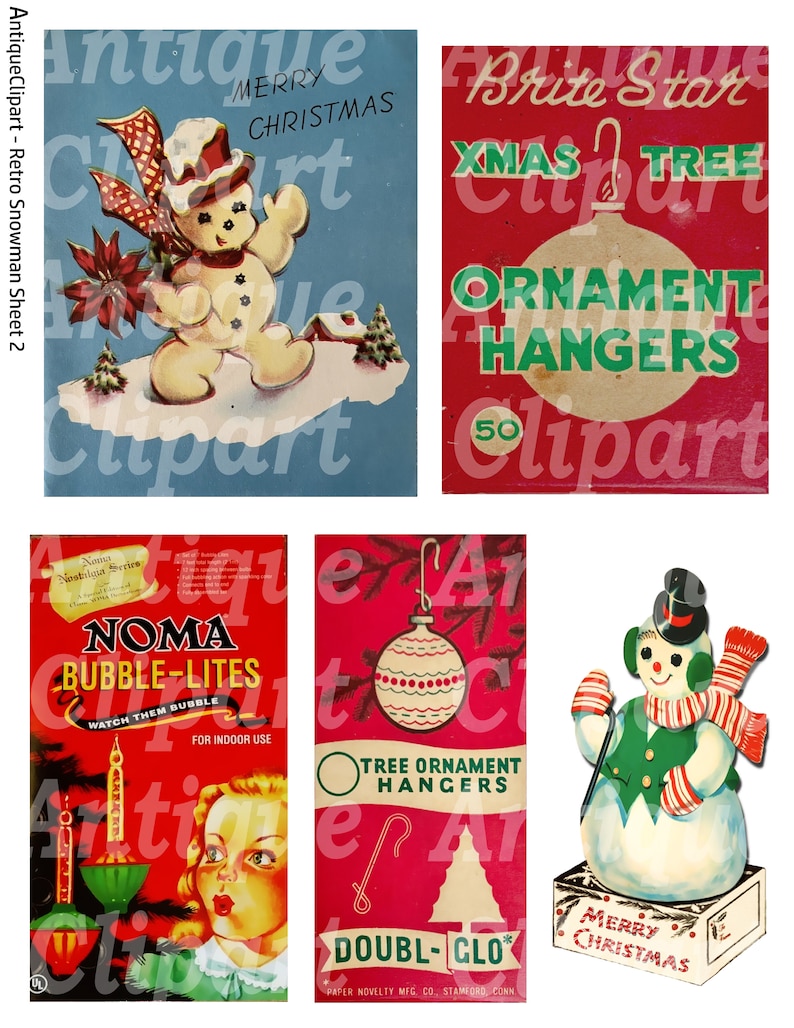 Peut inclure: Ensemble de cliparts vintage sur le th&egrave;me de No&euml;l. Comprend un bonhomme de neige avec un chapeau haut de forme, une d&eacute;coration de sapin de No&euml;l et des &eacute;tiquettes pour les cintres &agrave; ornements et les lumi&egrave;res &agrave; bulles. Les couleurs sont rouge, vert et bleu.