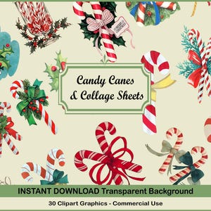 Vintage Christmas Candy Cane Clipart Clip Art Digital Collage Sheet Download Christmas Scrapbooking for Card Making Decoupage Paper PNG