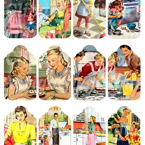 May include: A sheet of vintage-style gift tags featuring retro illustrations of domestic life. The tags depict scenes of women and children engaged in various household activities, such as cooking, cleaning, and gardening. The color palette includes pastel shades and vibrant hues.