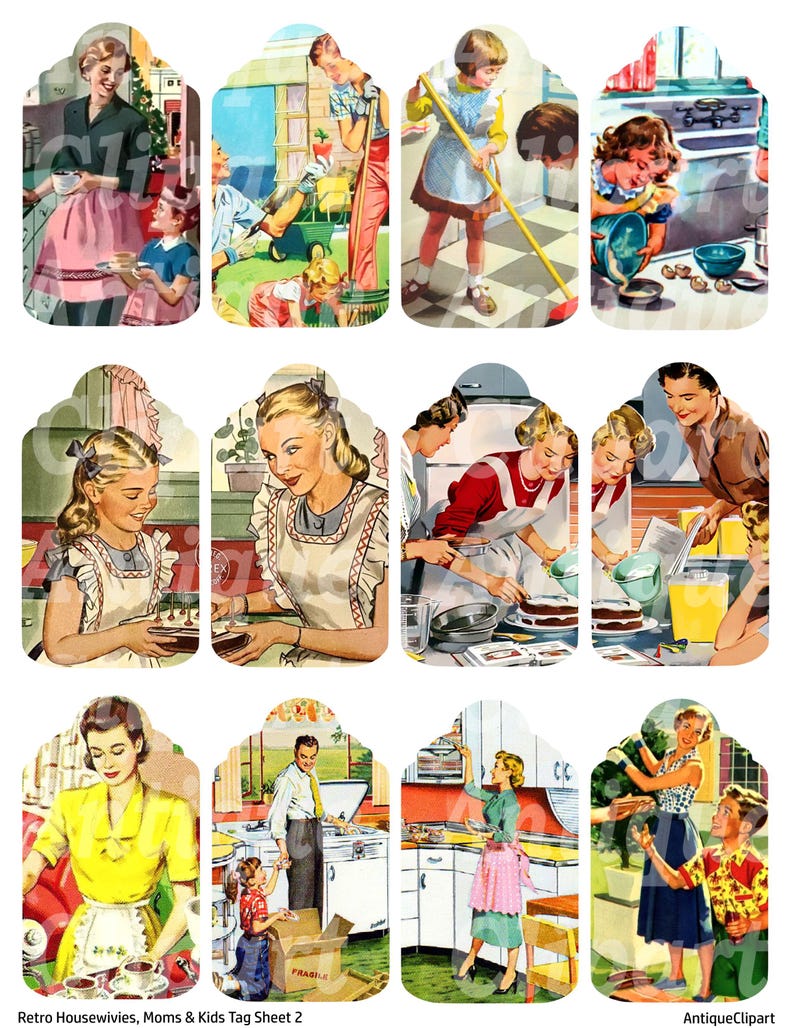 May include: A sheet of vintage-style gift tags featuring retro illustrations of domestic life. The tags depict scenes of women and children engaged in various household activities, such as cooking, cleaning, and gardening. The color palette includes pastel shades and vibrant hues.