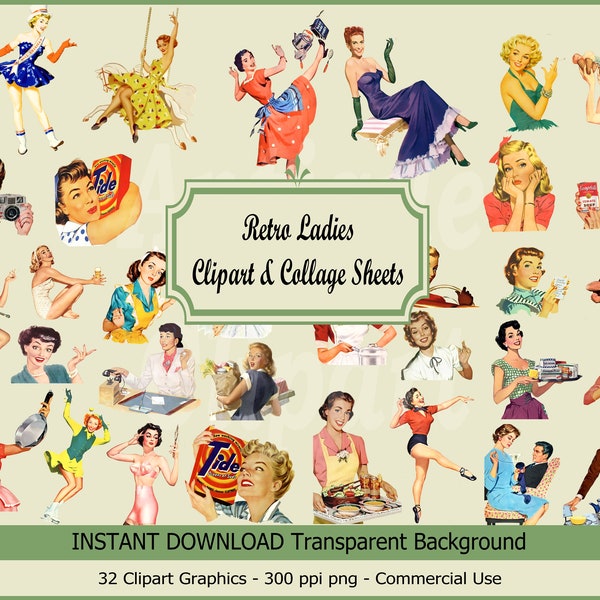 Retro Ladies Clipart & Digital collage sheets, vintage women Clipart Clip Art Scrapbooking Card Making Decoupage Ephemera JPG PNG set 1