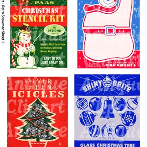 Peut inclure: Un collage de No&euml;l vintage avec quatre emballages de produits. Comprend un kit de pochoirs de bonhomme de neige, un emballage d'ornement en forme de bonhomme de neige, un paquet de stalactites argent&eacute;es et des ornements de sapin de No&euml;l en verre.