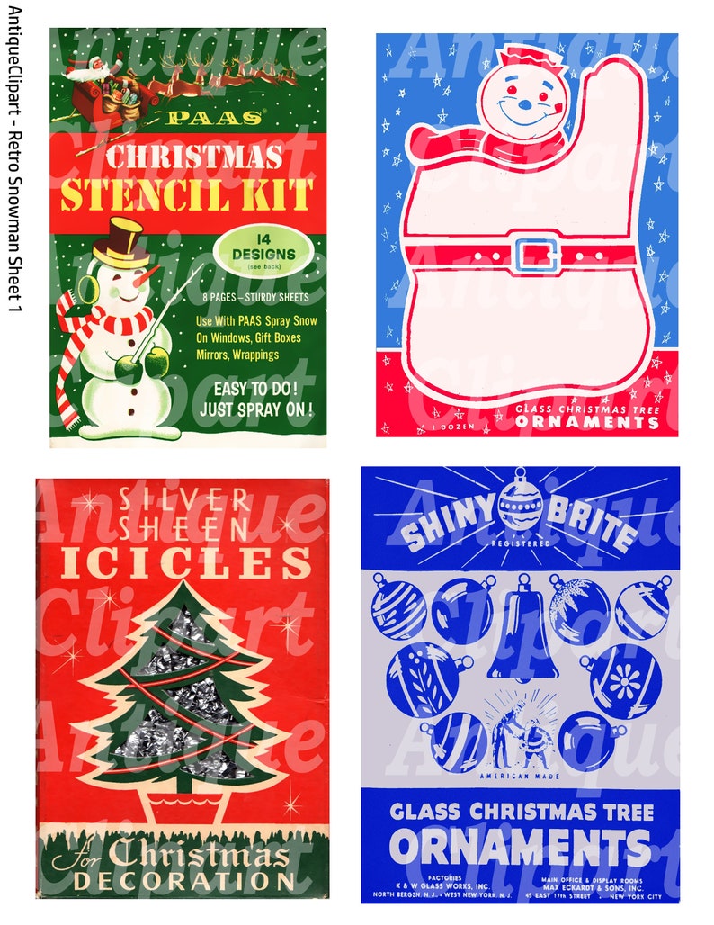 Peut inclure: Un collage de No&euml;l vintage avec quatre emballages de produits. Comprend un kit de pochoirs de bonhomme de neige, un emballage d'ornement en forme de bonhomme de neige, un paquet de stalactites argent&eacute;es et des ornements de sapin de No&euml;l en verre.